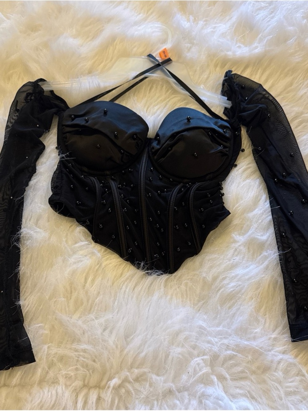 Windsor Black Beaded Corset-Style Bodysuit with Sheer Detachable Sleeves